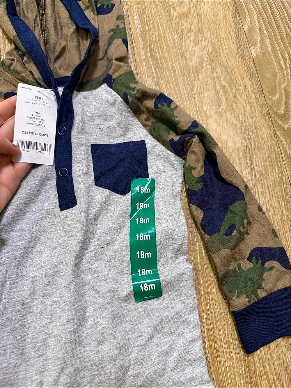 carter's Dinosaur Camo Hooded Henley Romper Baby 18M - Picture 2 of 5